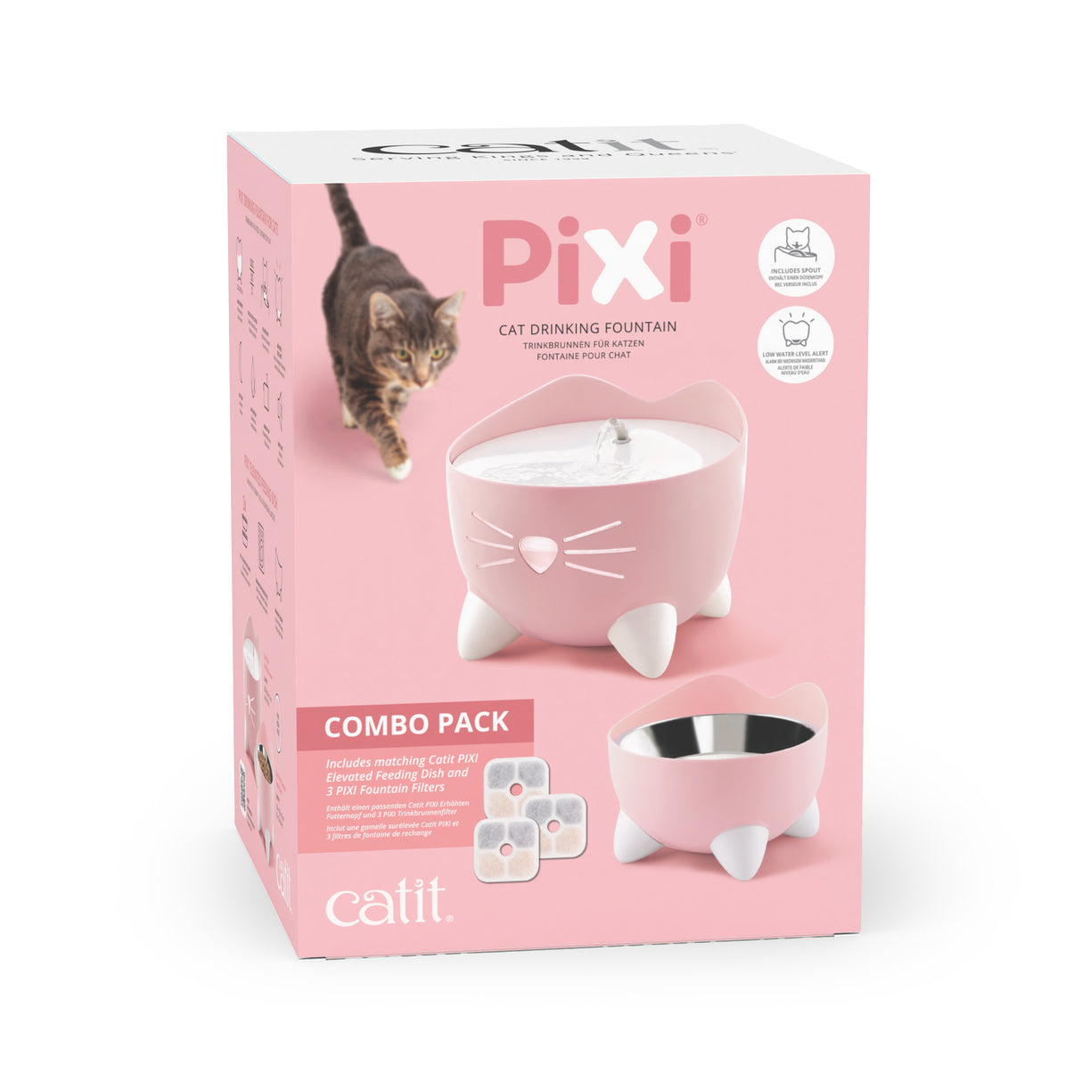 Catit PIXI Combo Kit – Trinkbrunnen, erhöhter Futternapf & 3 Filter in Pink für Katzen