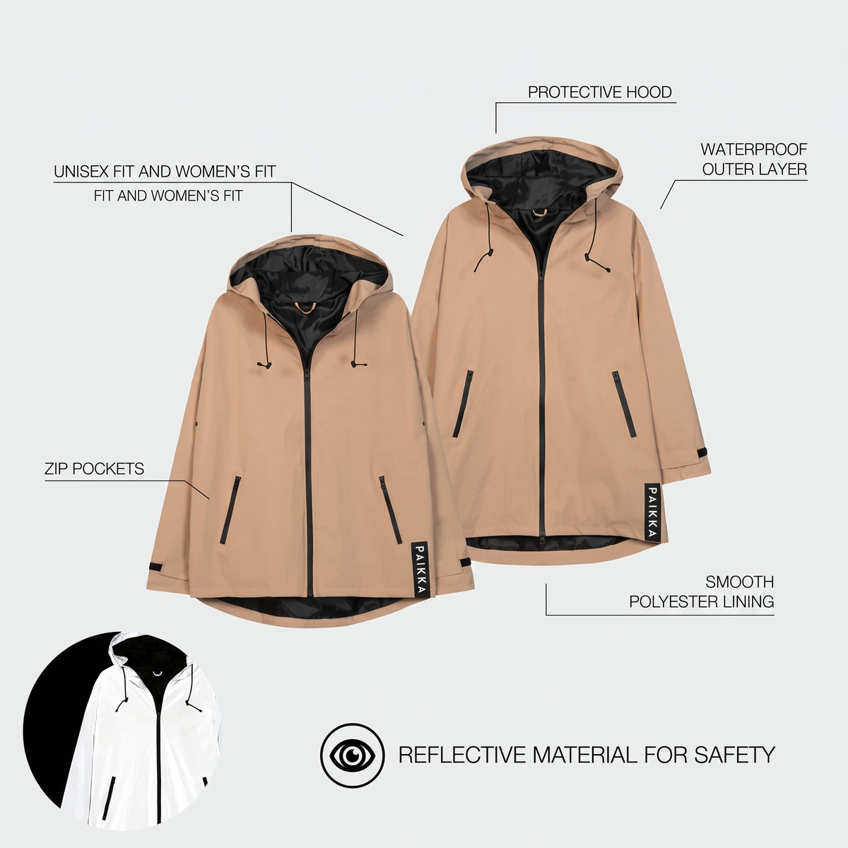 PAIKKA Human Visibility Raincoat Lite Taupe – reflektierende Damen-Regenjacke