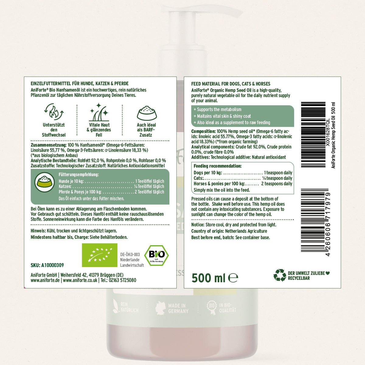 AniForte Barf-Öl Set mit je 500 ml Lachsöl, Leinöl und Hanföl