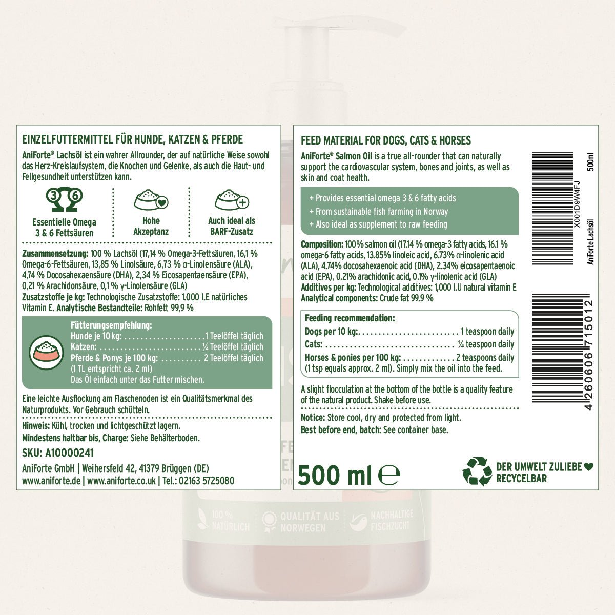 AniForte Barf-Öl Set mit je 500 ml Lachsöl, Leinöl und Hanföl
