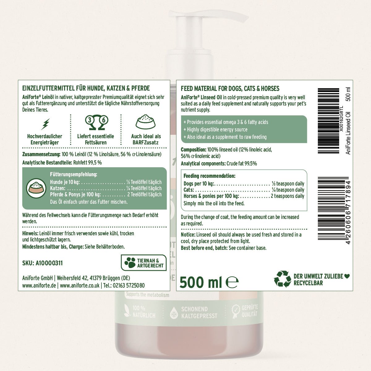 AniForte Barf-Öl Set mit je 500 ml Lachsöl, Leinöl und Hanföl