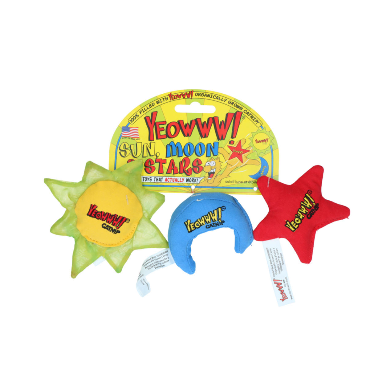 Yeowww! Katzenspielzeug Sun Moon and Stars – Trio Set mit stärkster Bio-Katzenminze – 3 Stück, ca. 8-10 cm