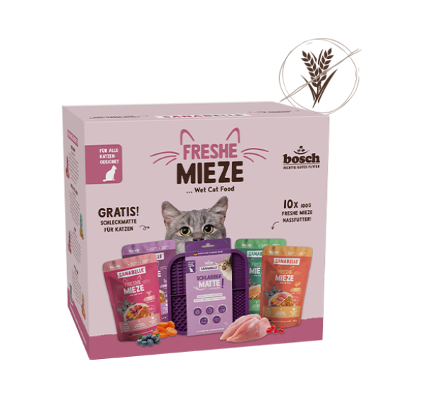 Schleckspaß-Mix für Katzen – 10 x 100 g Freshe Mieze Nassfutter + gratis Schleckmatte