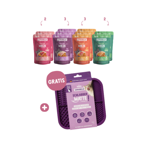 Schleckspaß-Mix für Katzen – 10 x 100 g Freshe Mieze Nassfutter + gratis Schleckmatte
