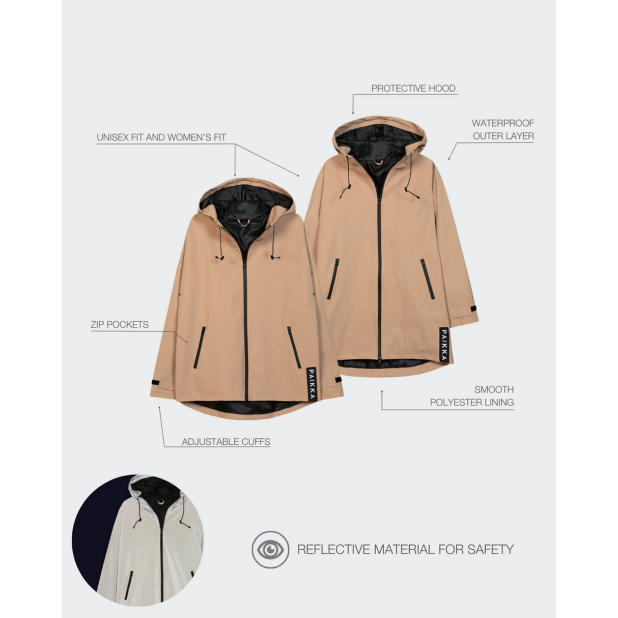 PAIKKA Visibility Raincoat Lite für Damen – Reflektierender & Wasserdichter Regenmantel