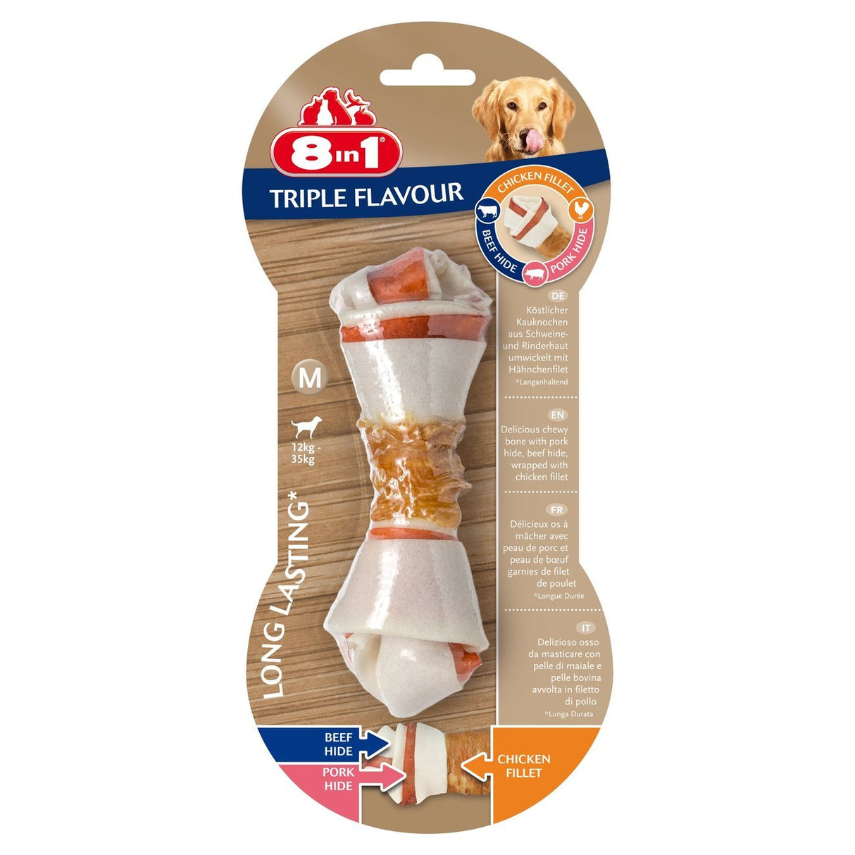 8in1 Triple Flavour Kauknochen – M, 1 Stück, für Hunde, 12 - 35 kg