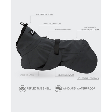 PAIKKA Visibility Raincoat Dark – Hochreflektierender, wasserdichter Hunderegenmantel