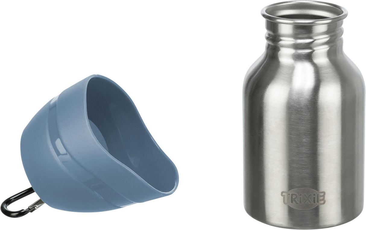 TRIXIE Trinkflasche Hund mit Napf-Deckel – Edelstahl, Karabiner, 300 ml & 750 ml