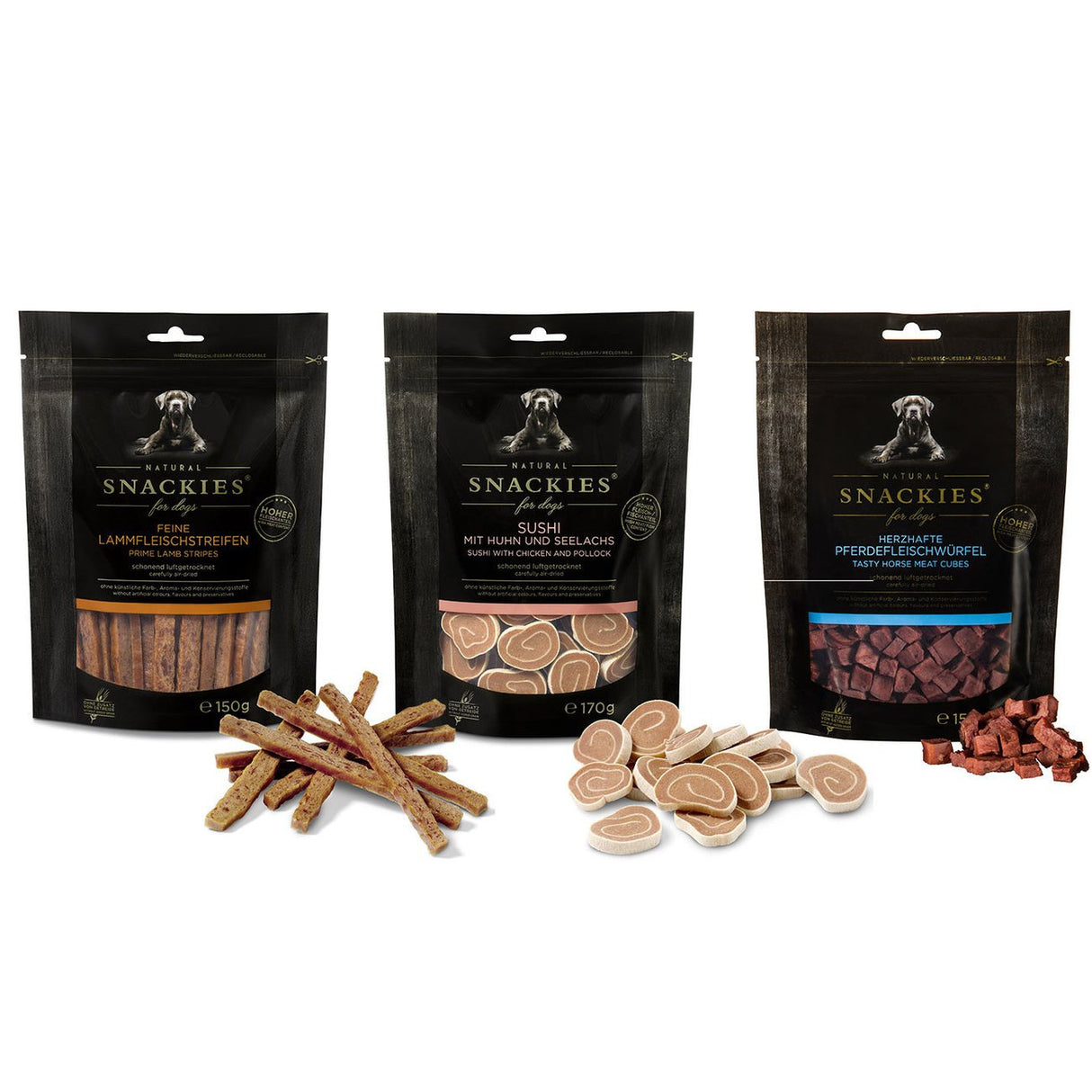 AKTION Snackies Probierpack – luftgetrocknete Hundesnacks – 3x 150g (Lamm, Sushi und Pferd)