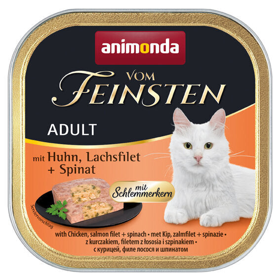 Animonda Vom Feinsten Katzenfutter mit Schlemmerkern – mit Huhn, Lachfilet & Spinat 32x100g