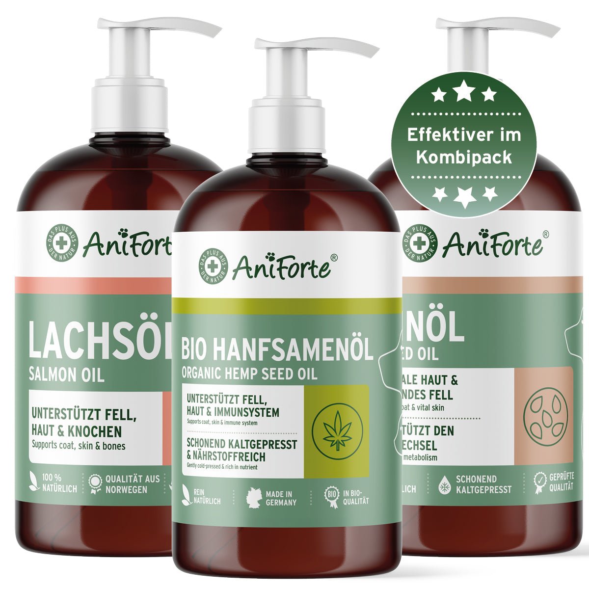 AniForte Barf-Öl Set mit je 500 ml Lachsöl, Leinöl und Hanföl