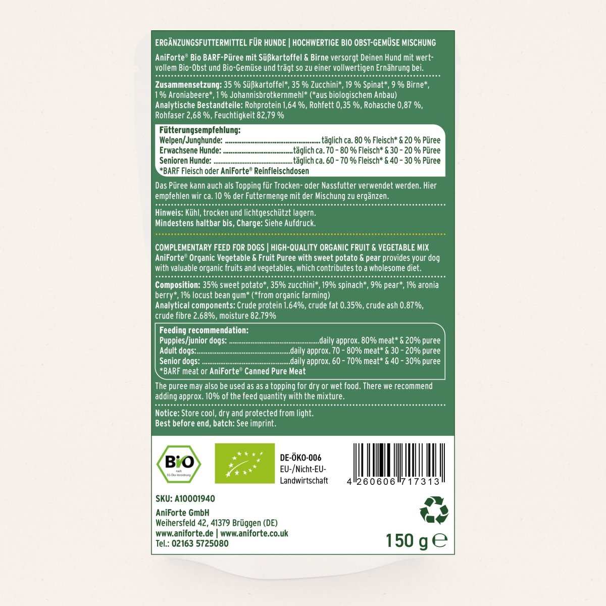 AniForte Bio BARF  Püree "Süßkartoffel & Birne" 14 x 150 g