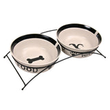 Keramik Hundenapf Set mit Metallhalterung – 2 × 2,6 l/ø 25 cm, weiß/schwarz