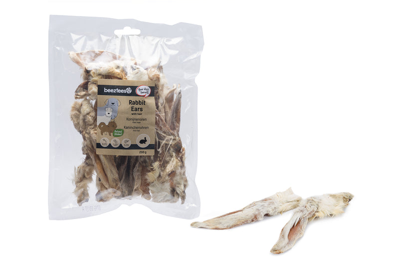 Beeztees Kaninchenohren mit Fell 200g – Natürlicher & Gesunder Hundesnack zur Darmreinigung