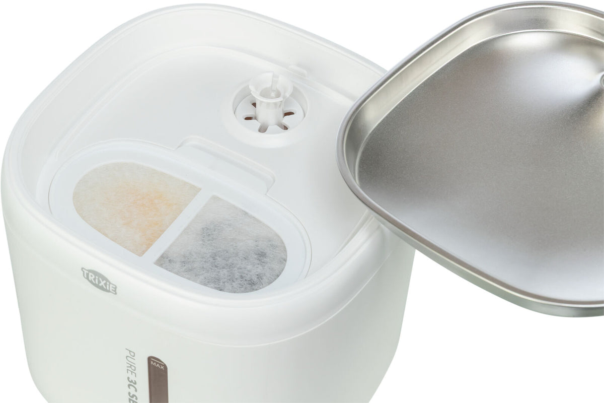 TRIXIE Aqua Pure Trinkbrunnen für Hunde & Katzen – Edelstahlschale, 2 L, Wasserstandsanzeige