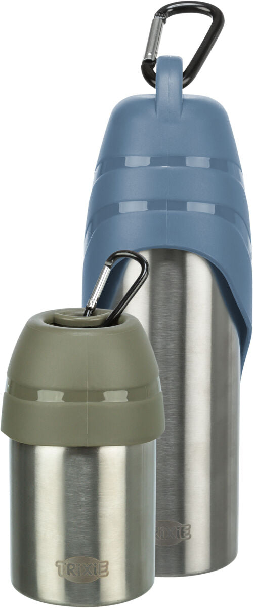 TRIXIE Trinkflasche Hund mit Napf-Deckel – Edelstahl, Karabiner, 300 ml & 750 ml