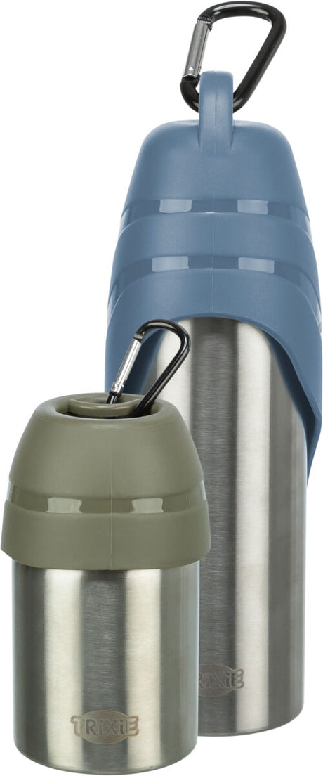 TRIXIE Trinkflasche Hund mit Napf-Deckel – Edelstahl, Karabiner, 300 ml & 750 ml