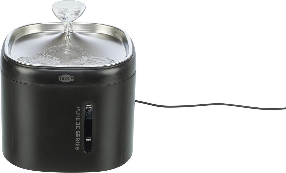 TRIXIE Aqua Pure Trinkbrunnen für Hunde & Katzen – Edelstahlschale, 2 L, Wasserstandsanzeige