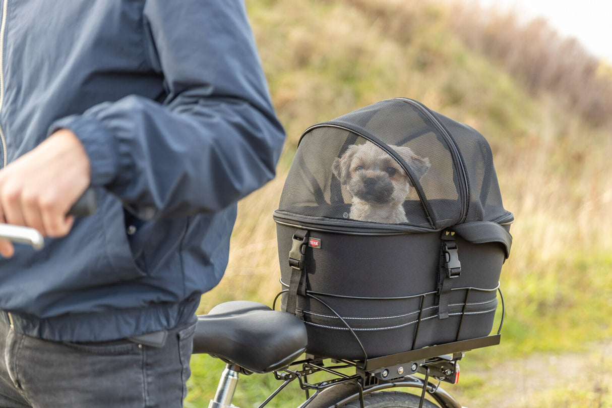 TRIXIE Hundefahrradkorb Gepäckträger – bis 6 kg, Netz-Abdeckung, Kurzleine, schwarz