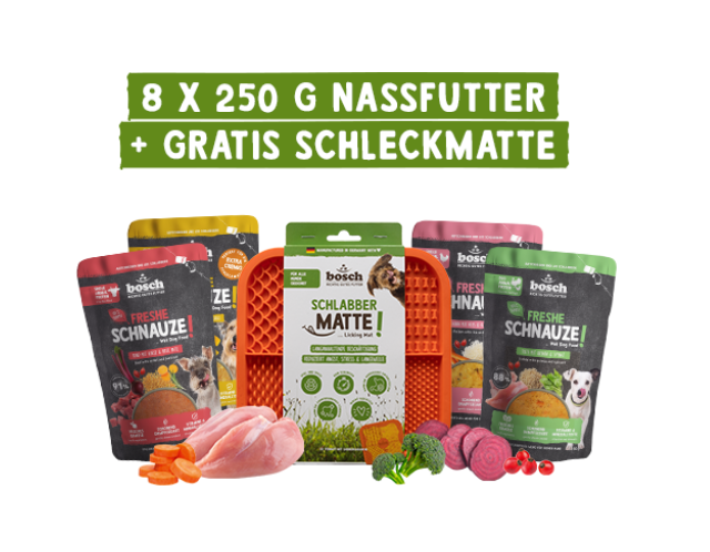 Schleckspaß-Mix für Hunde – 8 x 250 g Freshe Schnauze Nassfutter + gratis Schleckmatte