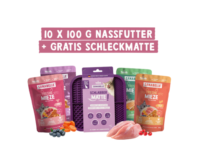 Schleckspaß-Mix für Katzen – 10 x 100 g Freshe Mieze Nassfutter + gratis Schleckmatte