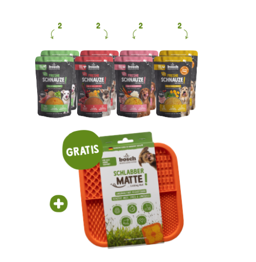 Schleckspaß-Mix für Hunde – 8 x 250 g Freshe Schnauze Nassfutter + gratis Schleckmatte