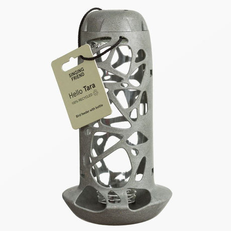 Vogelfutterhalter Tara – grau mit Glasflasche
