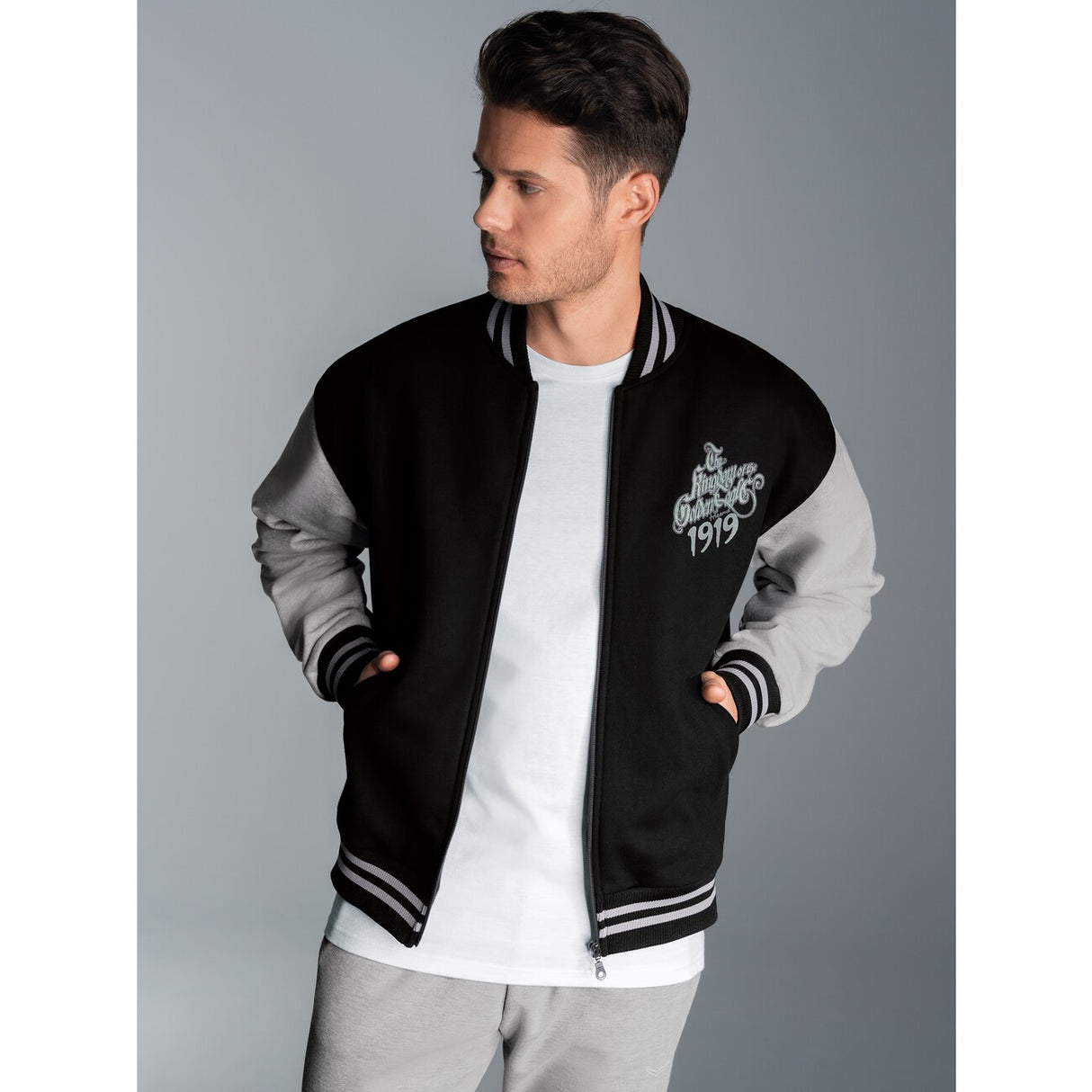 Collegejacke mit großem Adler-Rückenprint Schwarz