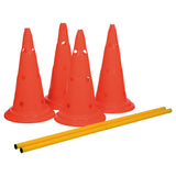 Hindernis Trainingsset mit Pylonen für Hunde – Maße: ø 30 × 50 cm, 100 cm Inhalt: 4 Pylonen, 2 Stangen, orange/gelb