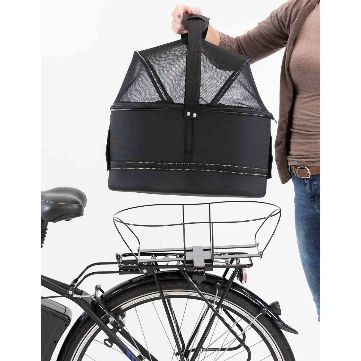 Hundefahrradkorb für Gepäckträger mit Kurzleine