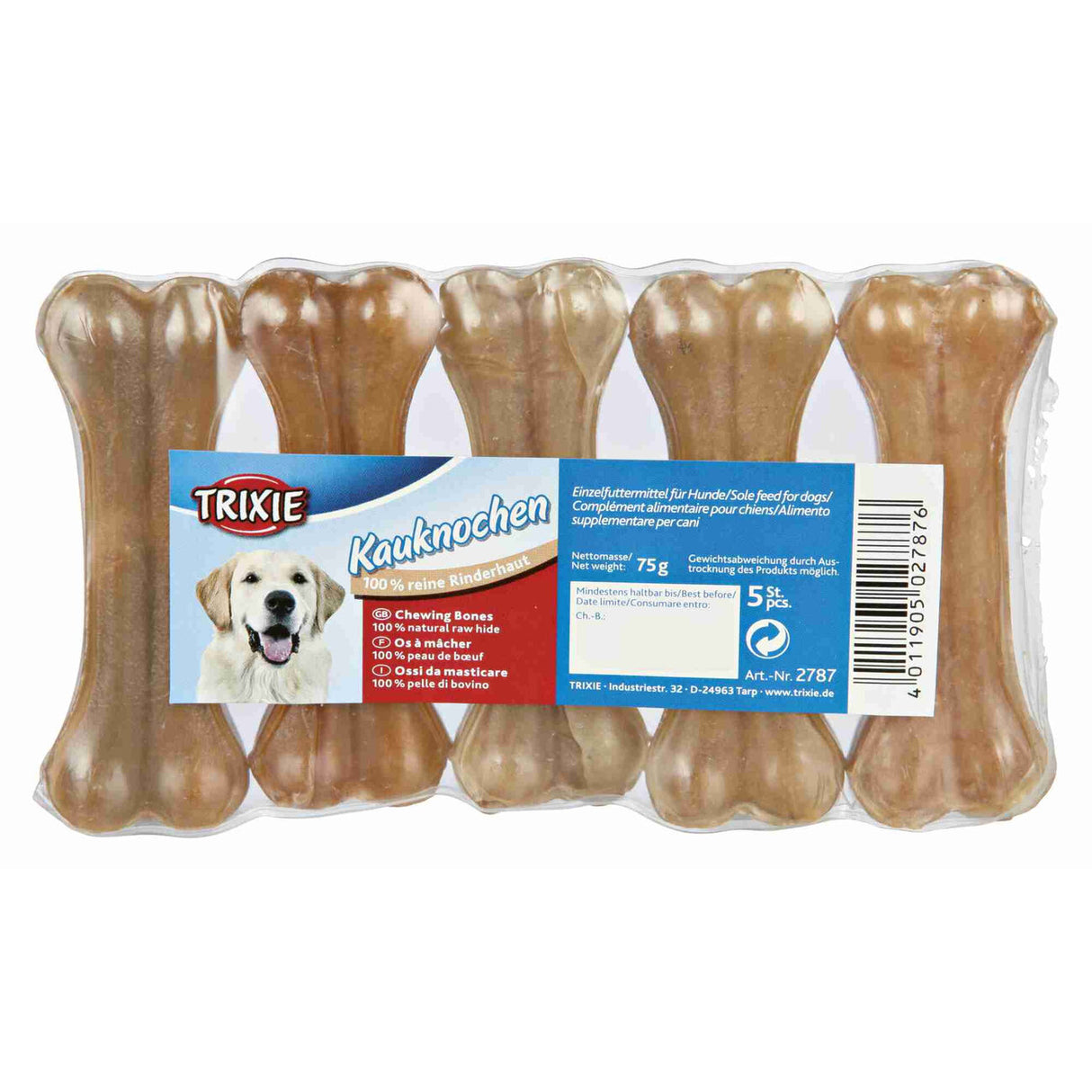 Hunde Rinderhaut Kauknochen – 5 Kauknochen, gepresst, ca. 15 g / 8 cm