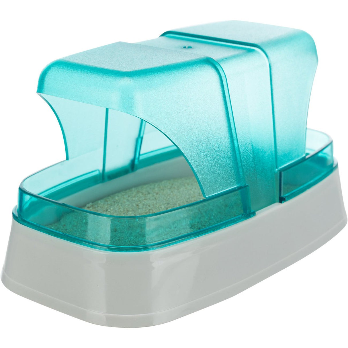 Sandbad für Hamster und Mäuse – 17 × 10 × 10 cm, lichtgrau/türkis