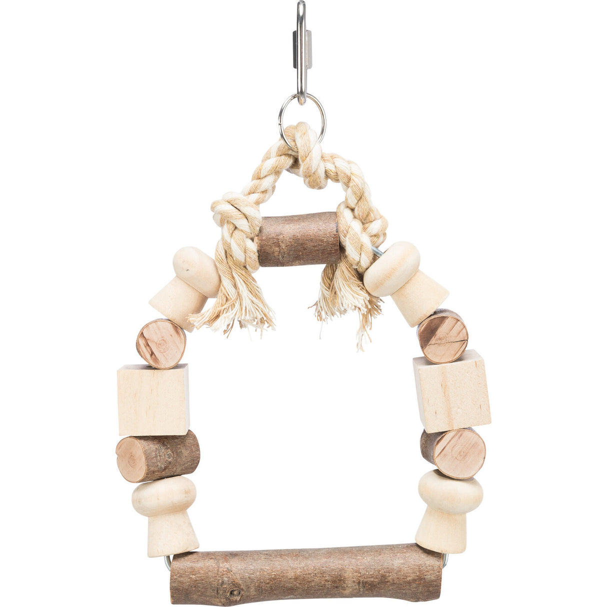 Vogelschaukel mit bunten Holzklötzchen und Tau – 13×19 cm