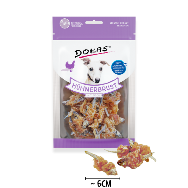 Dokas Hunde-Snack Hühnerbrust mit Fisch – Getreidefreier Hundesnack 70g