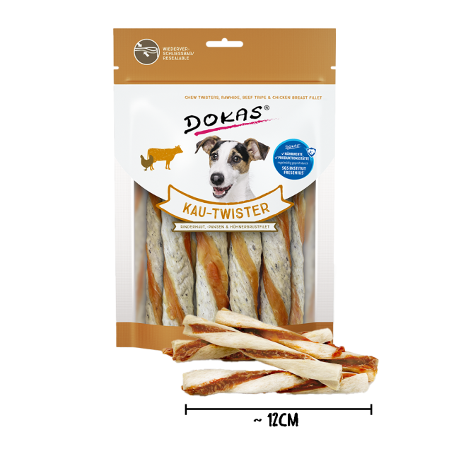 Dokas Kau Twister Rinderhaut für Hunde – Entenherz & Pansen, 200 g