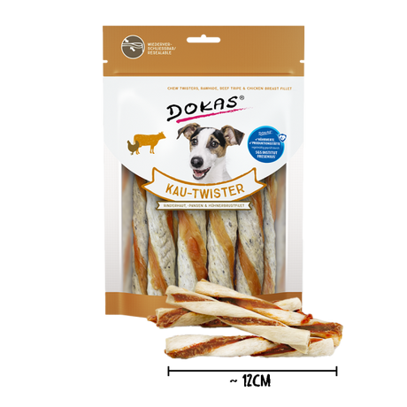 Dokas Kau Twister Rinderhaut für Hunde – Entenherz & Pansen, 200 g